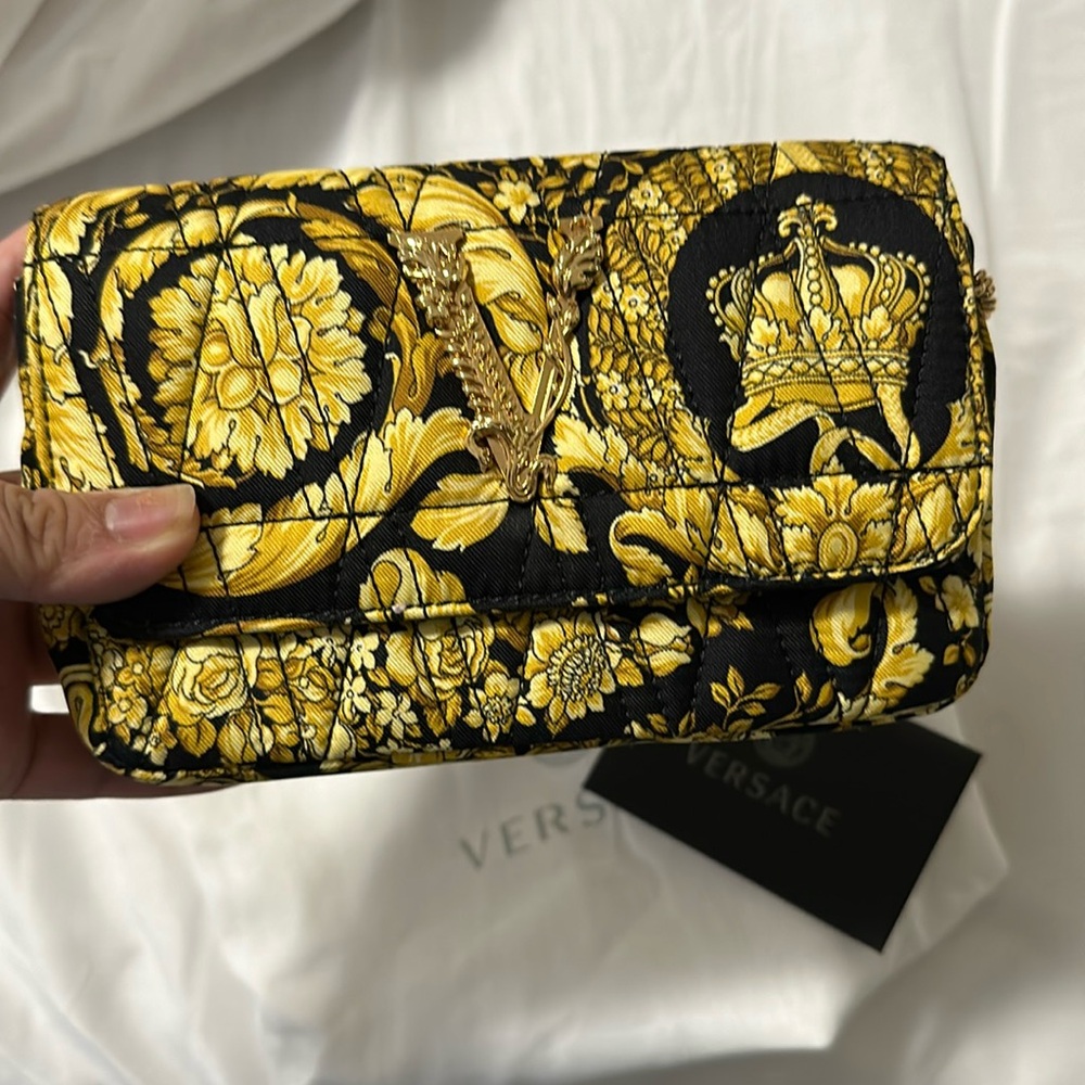 Authentic Versace Mini Virtus Barocco Quilted Silk Crossbody Bag